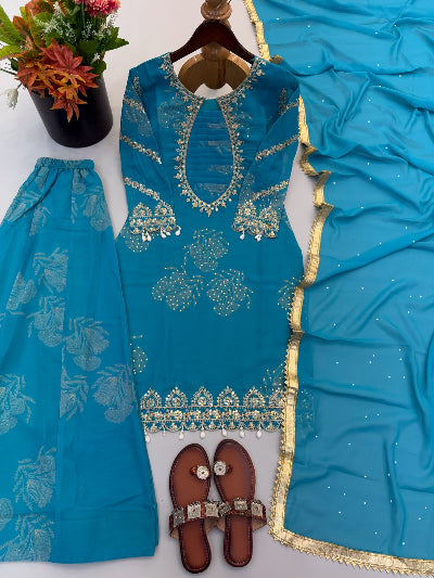 Peacock Blue Embroidery Sequins Work Sharara Suit for Women