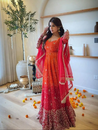 Red Orange Ombre Embroidered Anarkali Gown Set