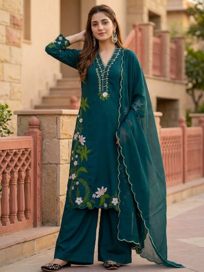 Teal Green Embroidered Roman Silk Palazzo Suit Set for Women UK