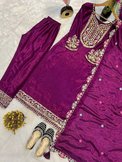 Purple Chinon Silk Embroidered Straight Suit Set