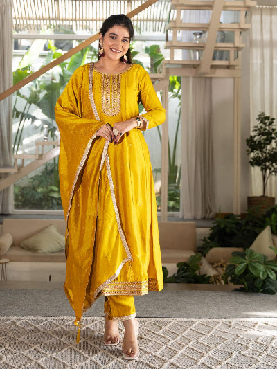 Embroidered Designer Silk Anarkali Suit Set- 3 Colours