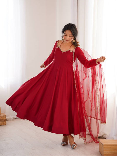 Deep Maroon Roman Silk Chanderi Full Sleeves Anarkali Suit