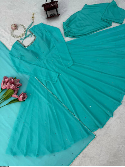 Turquoise Blue Georgette Real Mirror Work Anarkali Suit Set