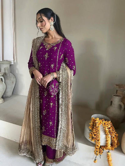 Partywear Designer Gold Embroidery Straight Suit