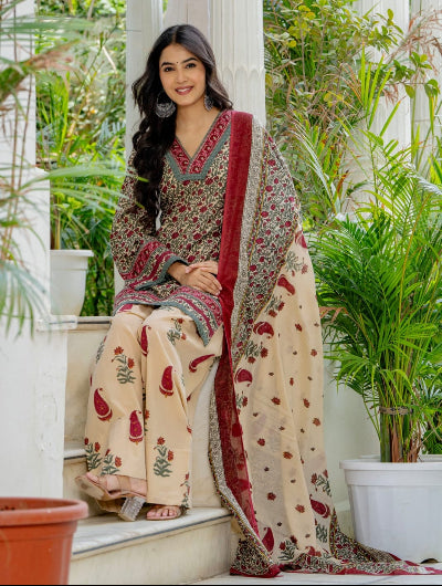 Vintage Floral Cotton Farshi Suit Set with Dupatta