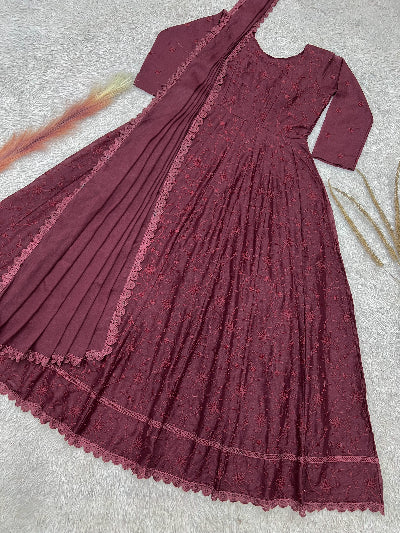 Dusty Plum Georgette Embroidered Gown Dupatta Set Of 2