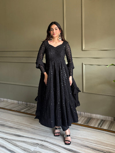 Chikankari Lucknowi Georgette Anarkali Suit-Black &amp; Red