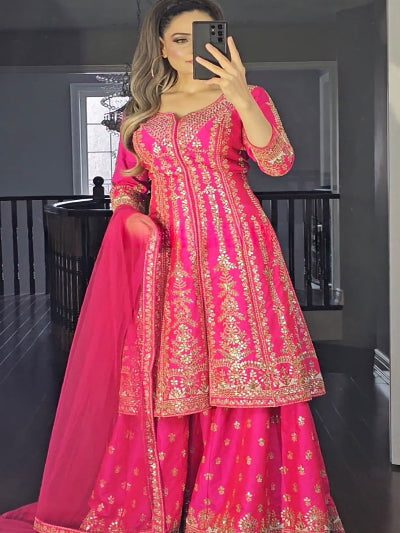 Hot Pink Gold Embroidered Satin Silk Sharara Suit Set