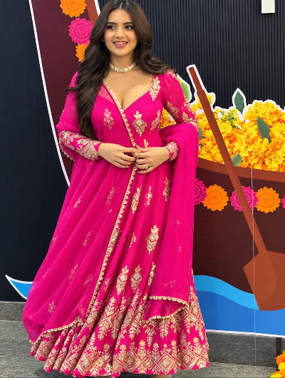 Hot Pink Embroidered Georgette Anarkali Gown Dupatta Pant Set