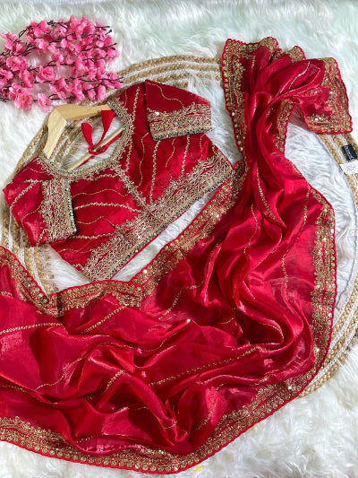 Alaya Red Tissue Silk Pre-pleated Ready to Wear Saree with Stitched Blouse