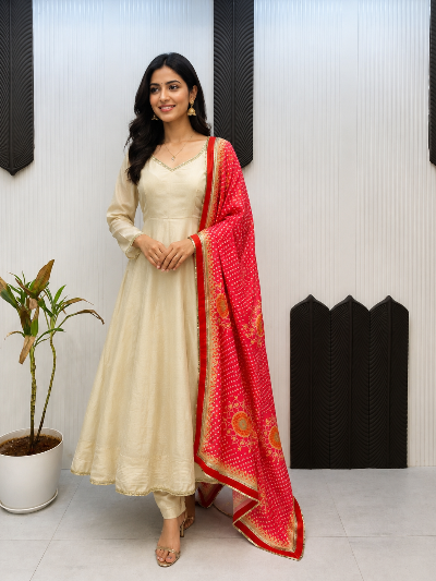 Cream Chinon Anarkali Set with Red Bandhani Dupatta