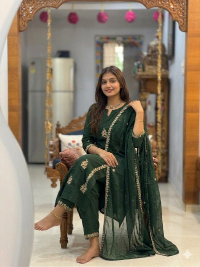 Dark Green Embroidered Straight Suit Set