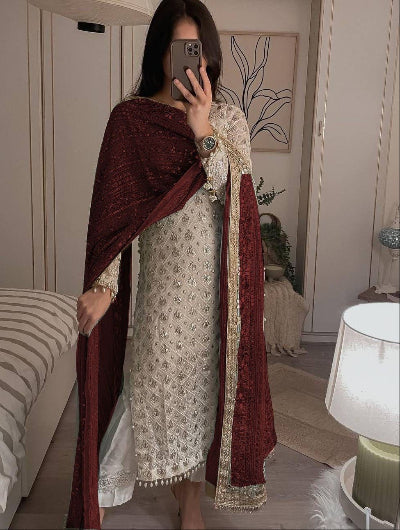Maroon Ivory Pearls Embroidery Partywear Set UK Next Day