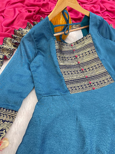 Blue Pink South Fahion Anarkali Dupatta Set Of 2