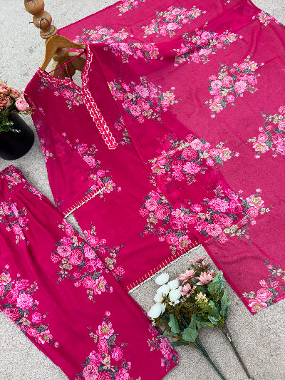 Hot Pink Georgette Floral Farshi Suit Set for Women UK