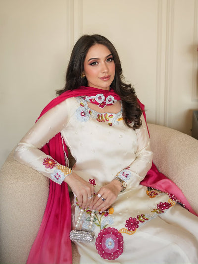 Ivory Floral Embroidered Sharara Palazzo Suit with Pink Dupatta