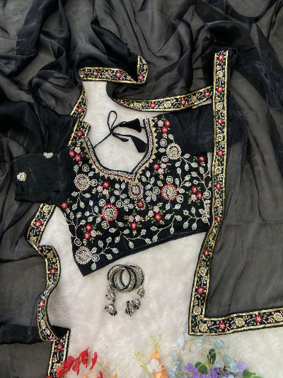 Black Silk Ready to Wear Saree with Embroidered Stitched Blouse