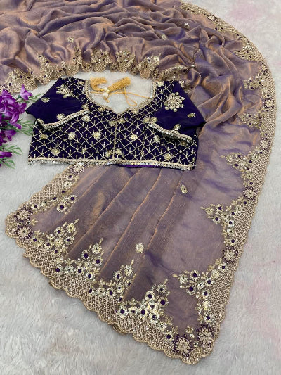 Lilac Chiffon Silk Pre-pleated Ready to Wear Saree with Purple Stitched Blouse