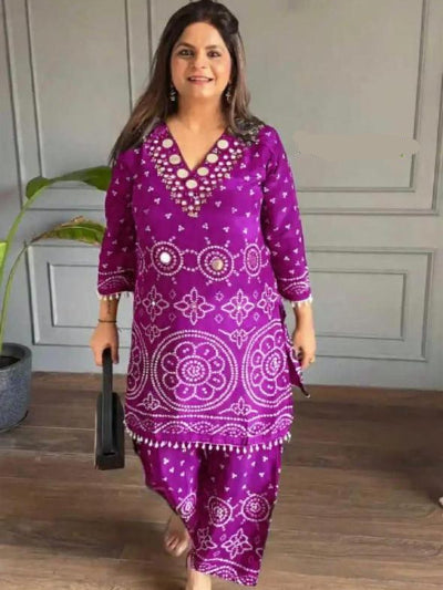 Designer Bandhani Chinon Silk Coord Set with Mirror Work
