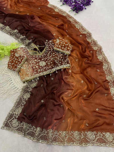 Rust Brown Dual Shaded Pre-pleated Ready to Wear Saree with Embroidered Stitched Blouse