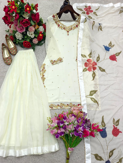 White Georgette Embroidery Sharara Suit with Floral Dupatta