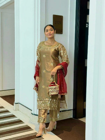 Antique Gold Embroidered Tissue Silk Straight Suit with Maroon Dupatta