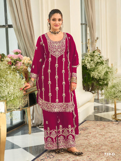 Plus Size Embroidered Zari Work Chinon Palazzo Suit Set