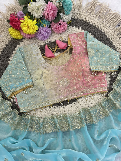 Powder Blue Pink Pre-pleated Ready to Wear Saree with Embroidered Stitched Blouse
