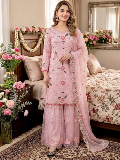 Light Blush Pink Embroidered Pearl Work Palazzo Suit
