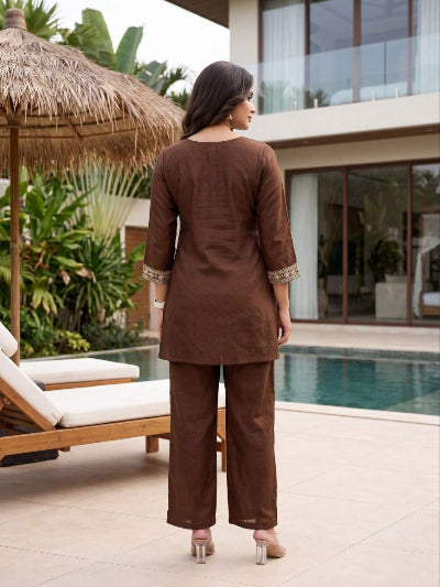 Brown Silk Embroidered Short Kurti Palazzo Dupatta Set