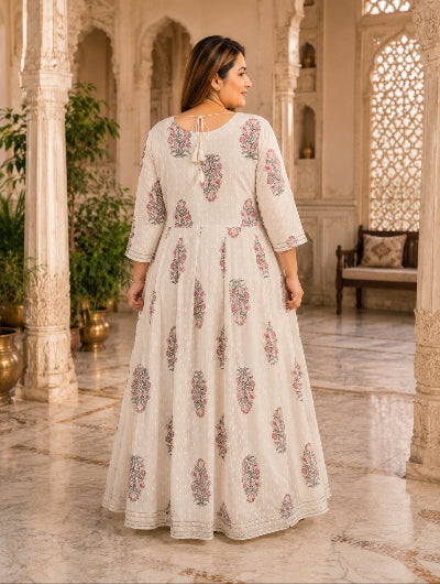 Plus Size Women Cream Pink Cotton Anarkali Dupatta Set of 2