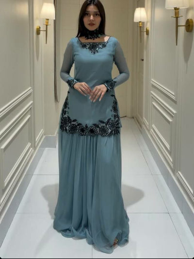 Powder Blue Georgette Beaded Embroidered Sharara Suit Set