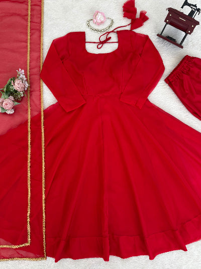 Red Anarkali Suit Set with Lace Dupatta