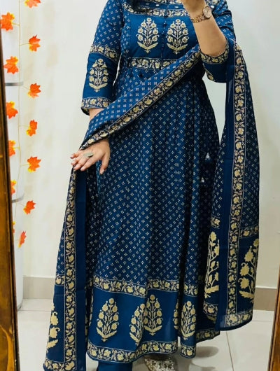 Blue Pure Cotton Anarkali Suit Set with Pant and Dupatta
