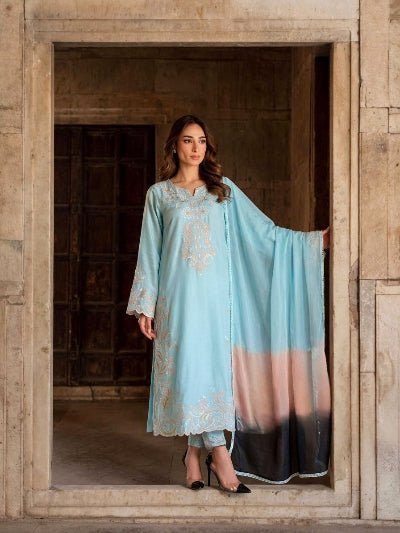 Designer Satin Rayon Straight Suit with Embroidered Cutwork &amp; Shaded Dupatta