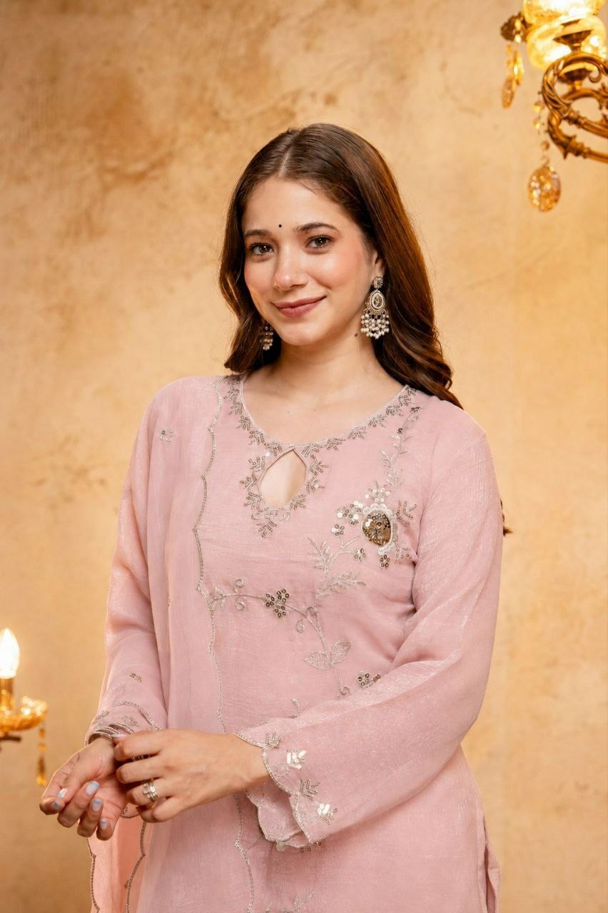 Blush Pink Embroidered Crunchy Silk Palazzo Suit