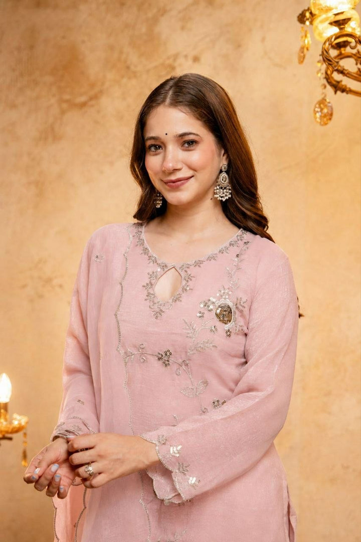 Blush Pink Embroidered Crunchy Silk Palazzo Suit