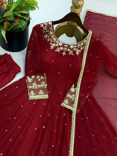 Deep Red Embroidered Anarkali Suit Set for Women