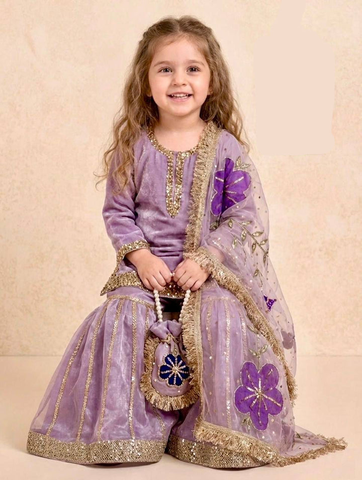 Kids Lilac Embroidery Work Sharara Suit