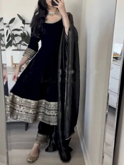 Black Velvet Anarkali Gown With Dupatta and Embroidery Work UK Next Day