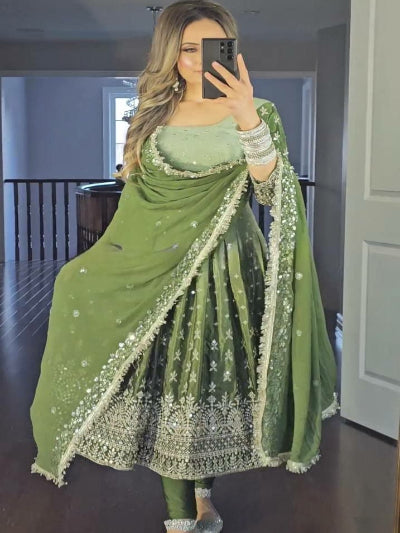 Emerald Green Sequin Embroidered Chinon Silk Anarkali Gown Set