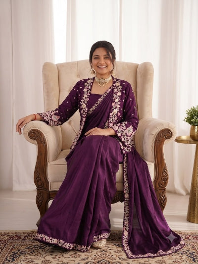 Burgundy Embroidered Ready-to-Wear Saree with Party Jacket &amp; Blouse