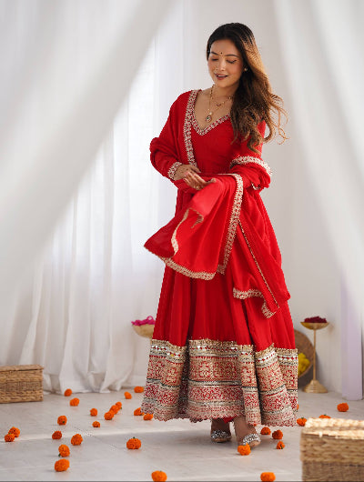 Red Embroidery Work Anarkali Gown Suit Set | Karwa Chauth Special
