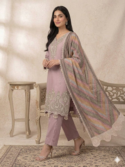 Dusty Lilac Georgette Straight Suit Set with Organza Dupatta