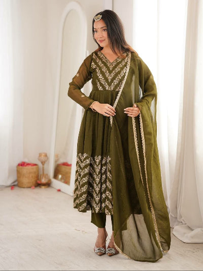 Olive Green Embroidered Crunchy Silk Anarkali Suit for Women