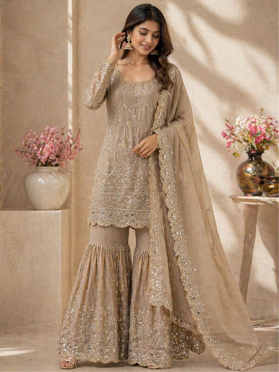 Golden Beige Embroidery Mirror Work Gharara Suit UK Next Day