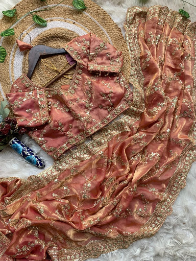 Coral Peach Gold Embroidered Ready to Wear Saree with Free Stitched Blouse