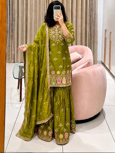 Olive Green Embroidered Sharara Suit Set for Women UK