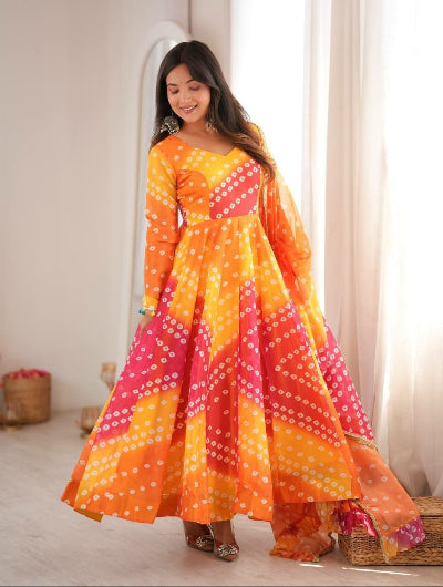 Yellow Bandhani Organza Flair Anarkali Suit