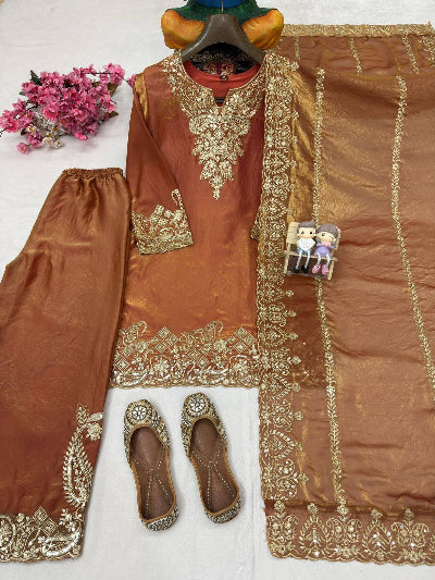 Rust Orange Silk Gold Zari Embroidered Palazzo Suit
